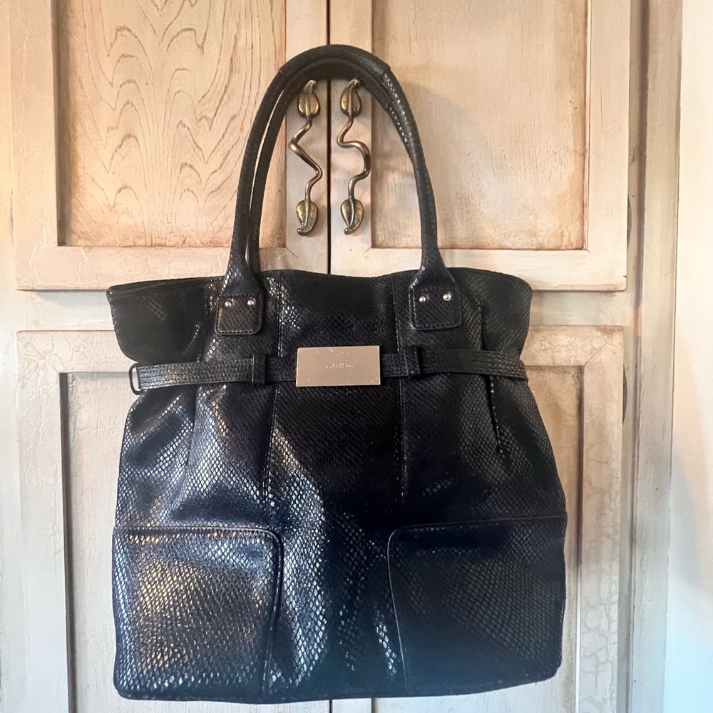 Calvin Klein BLACK Snake Embossed Leather Handbag Purse